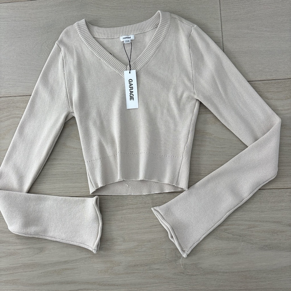 Garage Cream V-Neck Cropped Ribbed Knit Top